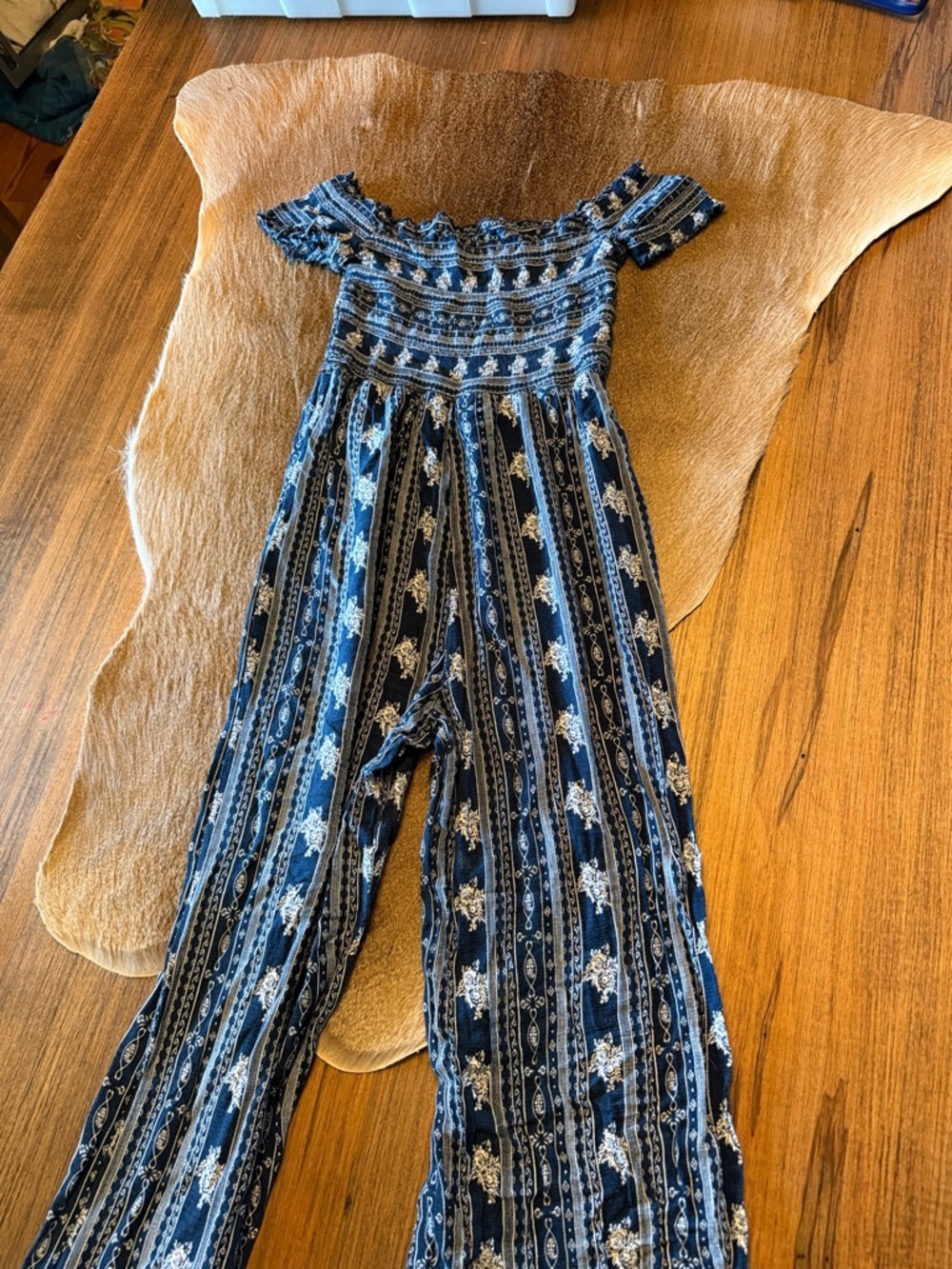 iris Navy and White Printed Off-Shoulder jumpsuit